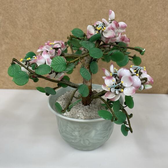 Vtg Chinese Bonsai Flower Tree Celadon Pot Cherry Blossom Home Decor - Picture 4 of 9